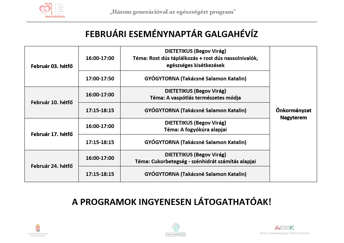 Három generációval az egészségért program 2020. februári programok